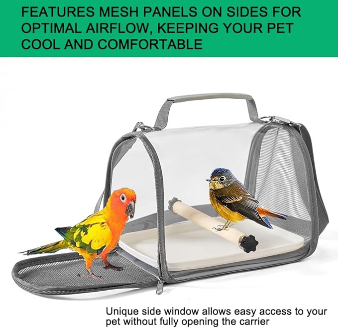 Portable Small Pet Carrier Bag – Travel Bird Cage for Parrots, Parakeets, Cockatiels, Hamsters, Lizard and Vet Visit with Shoulder Straps & Side Access (Includes Tray and Stand, Gray, 13 * 9 * 8.3in)