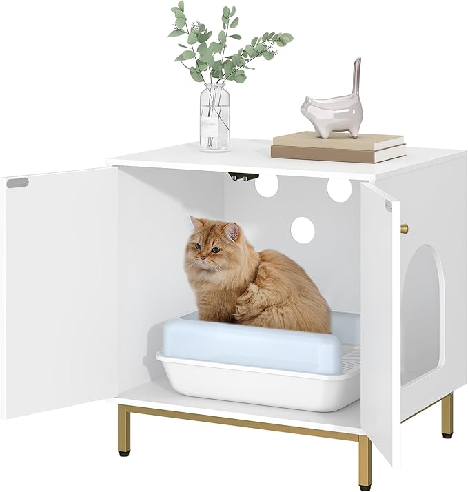 Cat Litter Box Enclosure, Hidden Litter Box Furniture Cabinet, Wooden Indoor Cat House, Side End Table, Living Room, Bedroom, White and Gold CB81203G