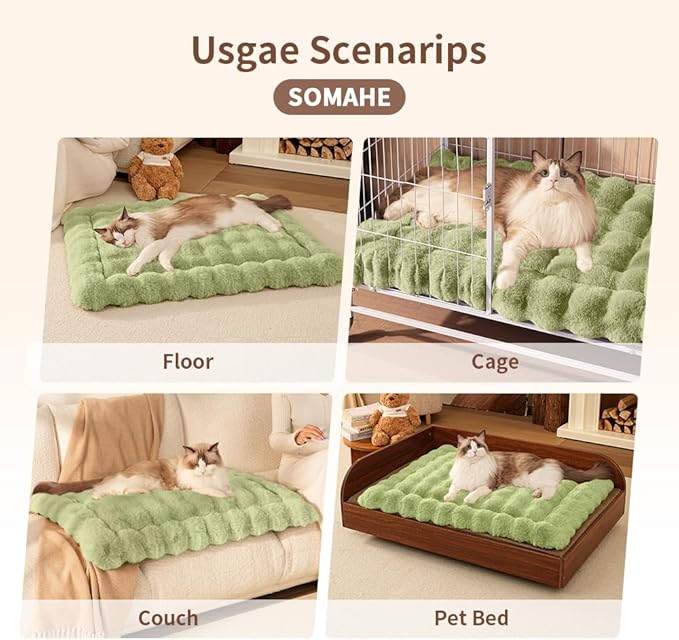 Cat Beds for Indoor Cats Faux Fur Pet Pad Mat Plush Kitten Bed with Non-Slip Bottom for Carriers/Couch Dog & Puppy Friendly 35 x 27 Inch X-Large Green