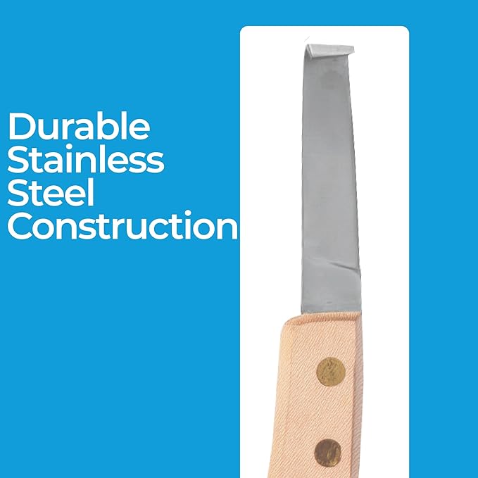 Hoof Knife Single Sided Edge Wide Blade – Stainless Steel Curved Blade Farrier Tool with Fine Wooden Grip, Multipurpose Hoof Trimming Knife for Livestock, 3-Inch Blade, 8.5-Inch Overall