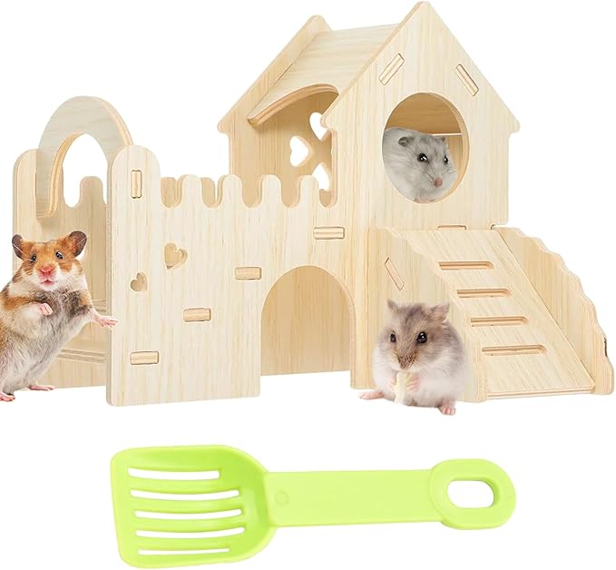Wooden Dwarf Hamster House, Hamster Tiny House Hideout, Hamster Maze House, Large Balcony Lookout Holes, Easy to Assemble, Detachable Parts, Secure Hideaway, E