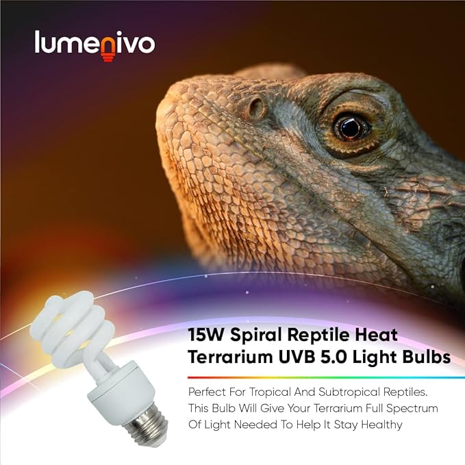 lumenivo 15 Watt UVB Reptile Light 5.0 15W Spiral Reptile Heat Terrarium Light Bulbs for Turtles, Gecko, Tortoise, Snake, Lizard, Chameleons, and Insects - 120V - 3 Pack