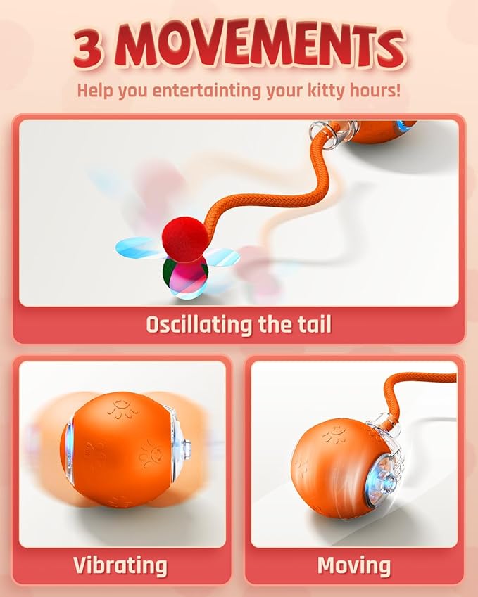 Interactive Cat Toys for Indoor Cats, 2025 Upgraded 360° Anti-chew Safe Material Moving Cat Ball with Tail, Interactive Cat Toys for Bored Indoor Adult Cats to Keep Them Busy (Orange, 2.2in)