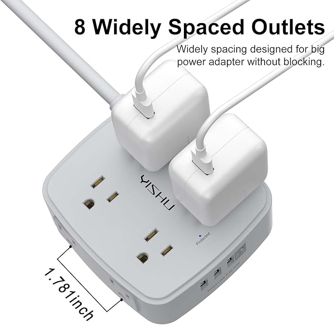 6 Ft Surge Protector Power Strip - 8 Widely Outlets with 4 USB Ports, 3 Side Outlet Extender with 6 Feet Extension Cord, Flat Plug, Wall Mount, Desk USB Charging Station, ETL, Grey