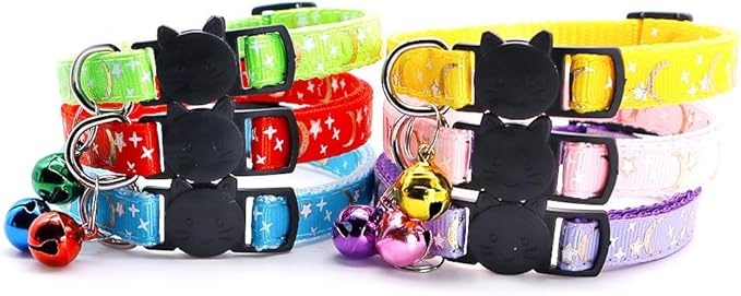 Reflective Cat Collars Breakaway with Bell 2-Pack Girl Boy Pet Kitten Collar with Star Moon Patetrn Adjustable 7.5-12.5 Inch (Red)