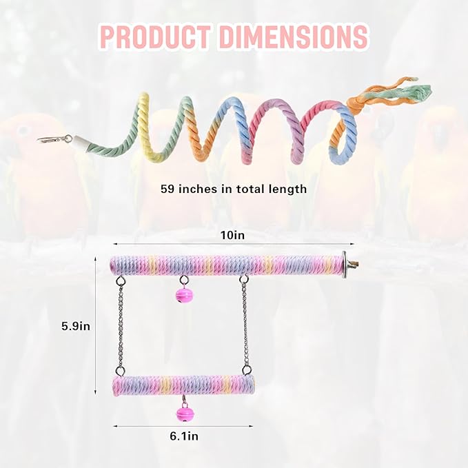 2pcs Gradient Colorful Bird Rope Perch Stand,Hanging Bird Rope Perch Stand Extra Long Gradient Color Swing,Double-Layer Bird Swing,Bendable Climbing,Parakeet Lovebirds Budgies Play(59'',10''E)