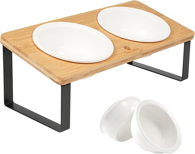 Sunhoo Elevated Cat Bowls for Indoor Cats Ceramic Kitty Dish Food Water Raised Tilted Puppy Feeding Sation with 4 Dishes Wooden Stand Pet Feeder Metal Legs Orthopedic Reduces Vomiting（Yellow）