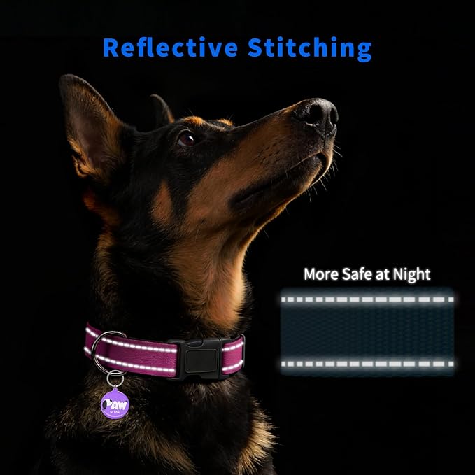 Reflective Dog Collar for Medium Dogs with Dog Tags Personalized & Quick Release Buckle, Adjustable and Comfortable Nylon Pet Collar, Hot Pink
