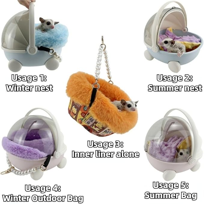 Sugar Glider Carrier Cage with Warm Nest, Cushion, Mat and Safe Lock, Portable Cages with Chain, Small Animals Travel Carrier Plastic Breathable Outgoing Box for Hamsters (Purple)