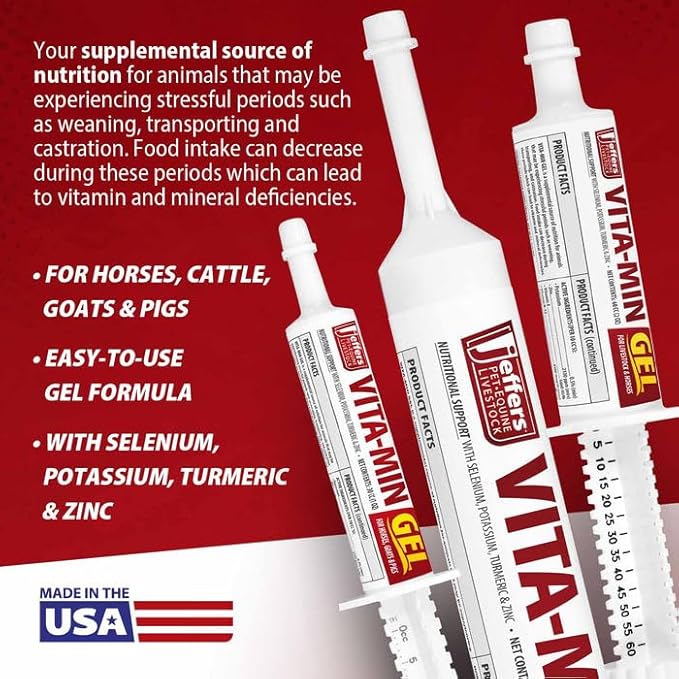 Jeffers Vita-Min Gel for Livestock & Horses – Multivitamin & Mineral Supplement with Selenium, Zinc, Potassium & Turmeric – Easy Oral Gel for Cattle, Goats, Sheep & Pig – 60 CC (2 OZ) Tube