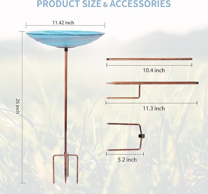 VCUTEKA Outdoor BirdBath Glass Bird Bath Garden Bird Feeder with Metal Stake