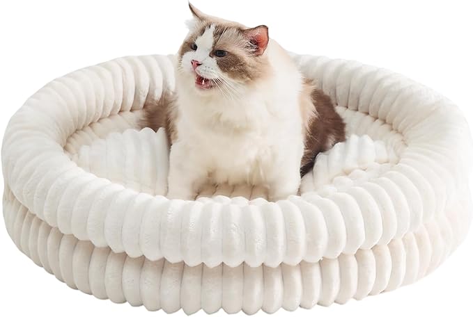 Extra Large Fluffy Cat Beds for Indoor Cats, Washable Round Orthopedic Dog Bed for Small Medium Dogs, Soft Fuzzy Pet Bed with Non-Slip Bottom, Cute Kitten Bed, 27.6x27.6x6.3 in, White