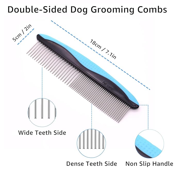 YINGFAN Pet Grooming Combo, Double-Sided Dematting Deshedding Undercoat Rake for Dogs and Cats, Extra Wide Dog Brush for Shedding (Blue)