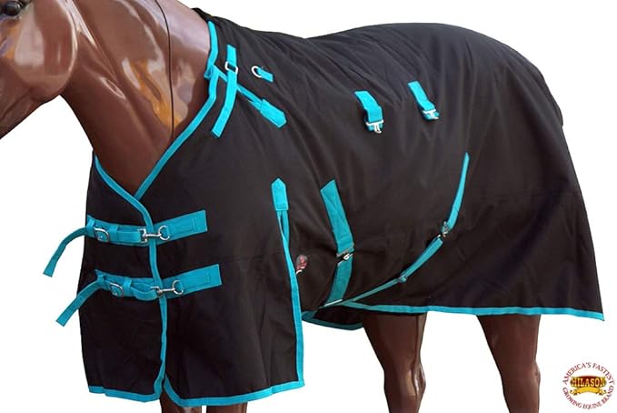 HILASON Black with Turquoise Trims 74 inch 1200D Winter Waterproof Poly Horse Turnout Blanket Belly Wrap