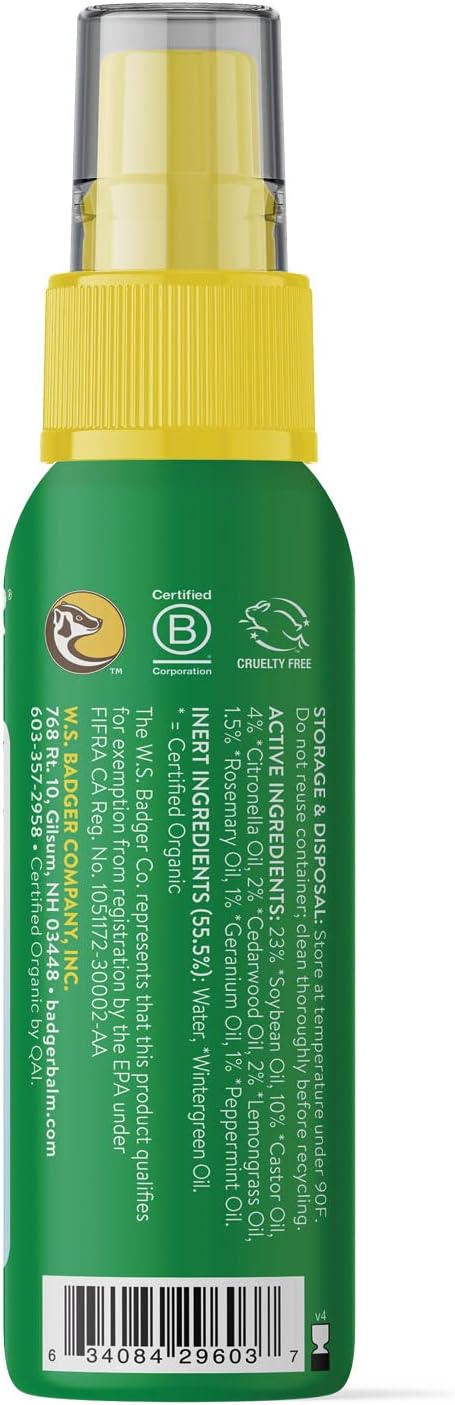 Badger Bug Spray Travel Size, Family Friendly All Natural Mosquito Repellent w/Organic Essential Oils, Smells Great, 3 Hours Effective, Deet-Free, Vegan, Travel Insect Repellent, 2.7 fl oz, 2-Pack