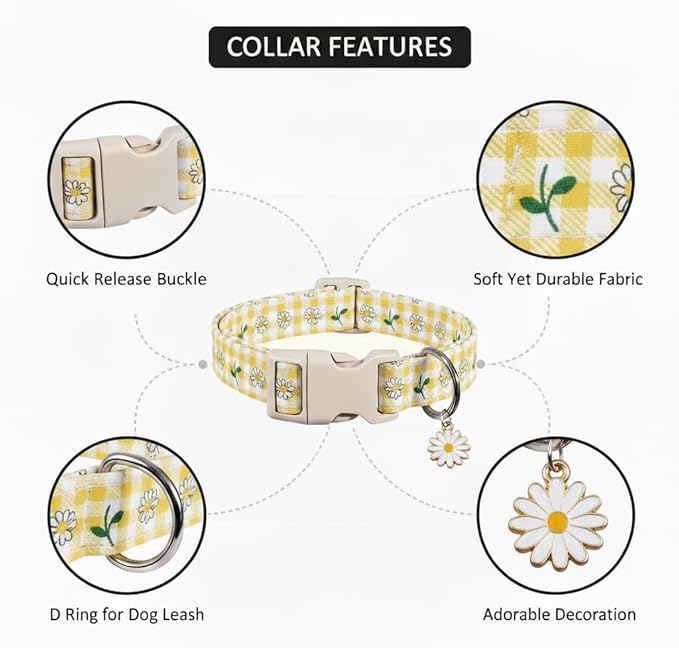 Cute Dog Collar, Yellow Plaid Dog Collar with White Floral Pattern, Spring Summer Design Floral Collar for Girls Boys Extra Small Dogs, Yellow Checkered Daisy, XS