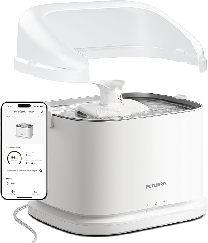 PETLIBRO Upgrade Cat Water Fountain with Splash Shield, Dockstream 2 Smart App Monitoring Pet Water Fountain for Cats Indoor, 3L/101oz Stainless Steel Tray for Drinking,Shield Prevent Water Spills