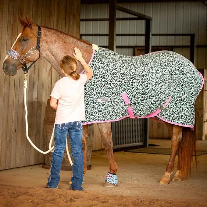 Jeffers Expression Fleece Cooler for Horses, Standard Neck, Party Cheetah 81"- Equine Towel Blanket, Moisture Absorbent, Light Weight, Best for Drying, Exercise, Bathing, Adjustable Belly Bands