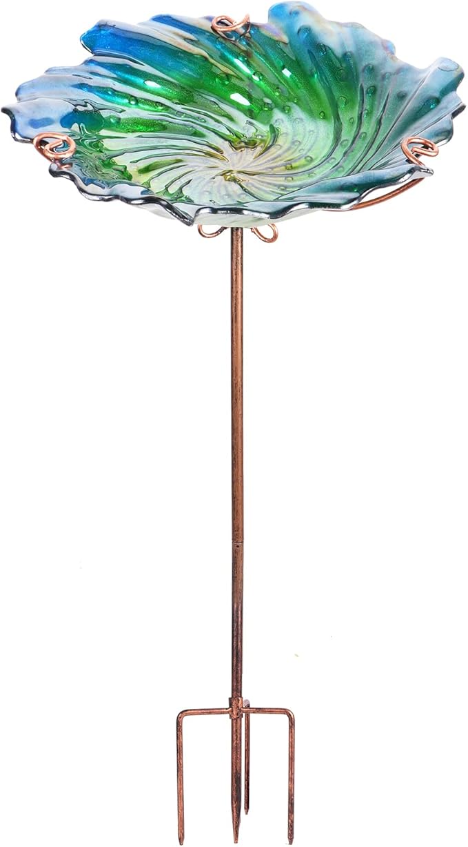 MUMTOP Glass Bird Baths for Outdoors, Garden Bird Bath Bowl with Metal Stake Birdbaths for Outside Yard Outdoor, Green