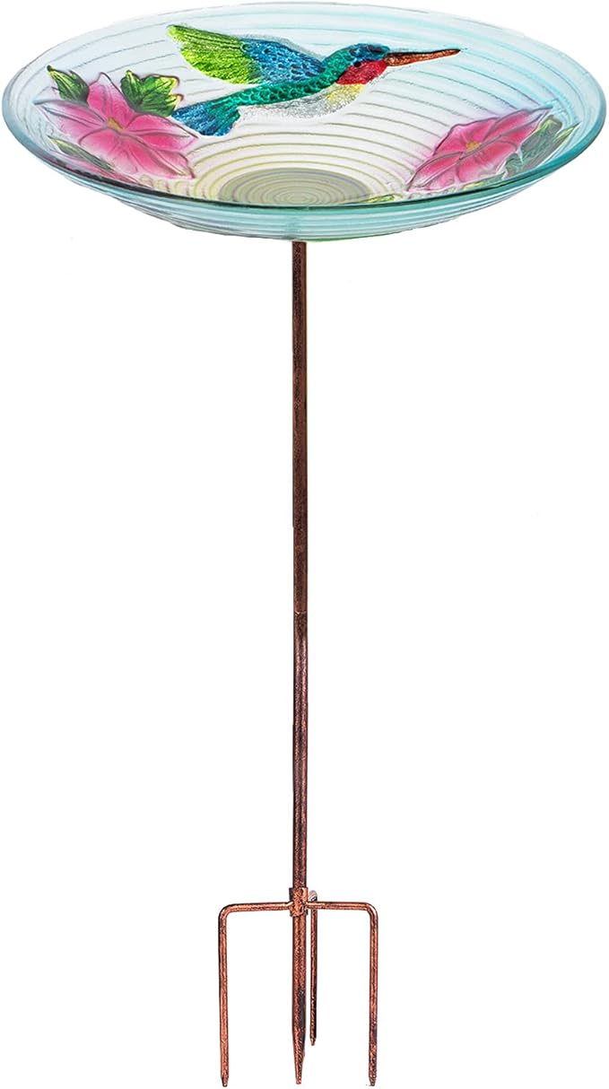 MUMTOP Glass Bird Bath, Garden Outdoor Birdbaths Birdfeeder with Metal Stake Hummingbird