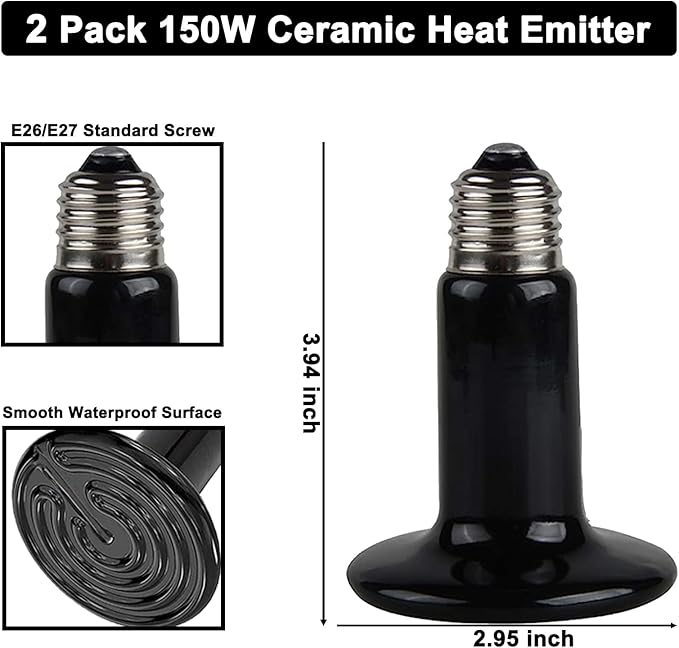 DXOPHIEX 15 inch Dual Reptile Light Fixture, Max 150W Reptile Heat Lamp with 2PCS 150W Ceramic Heat Emitter, Double Dome UVB Light Fixture for Terrarium and Tortoise Habitat