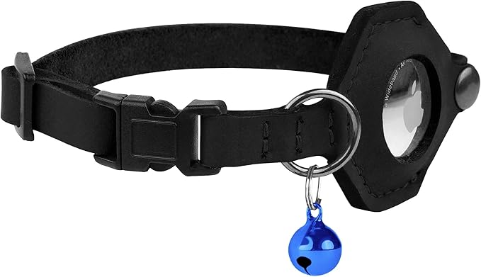 Breakaway Airtag Cat Collar with Removable Bell - Leather Pet Collar with Apple Air Tag Holder - Adjustable GPS Collars for Girl Boy Cats Kitten Puppy - Lightweight, Cute and Comfortable (Black)
