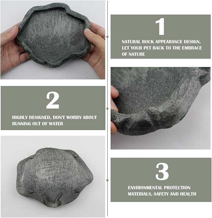 Reptile Water Dish Bowl Resin Rock Reptile Food and Water Feeder Pet Aquarium Ornament Terrarium Plate for Tortoise Lizard (Dark Green Small)