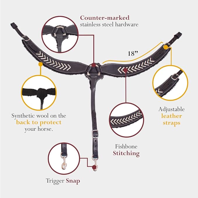 Western Horse Breast Collar - Hand-Tooled Leather Tack for Barrel Racing, Roping & Trail Riding - Durable Adjustable Fit - Rodeo & Show-Quality Equestrian Gear