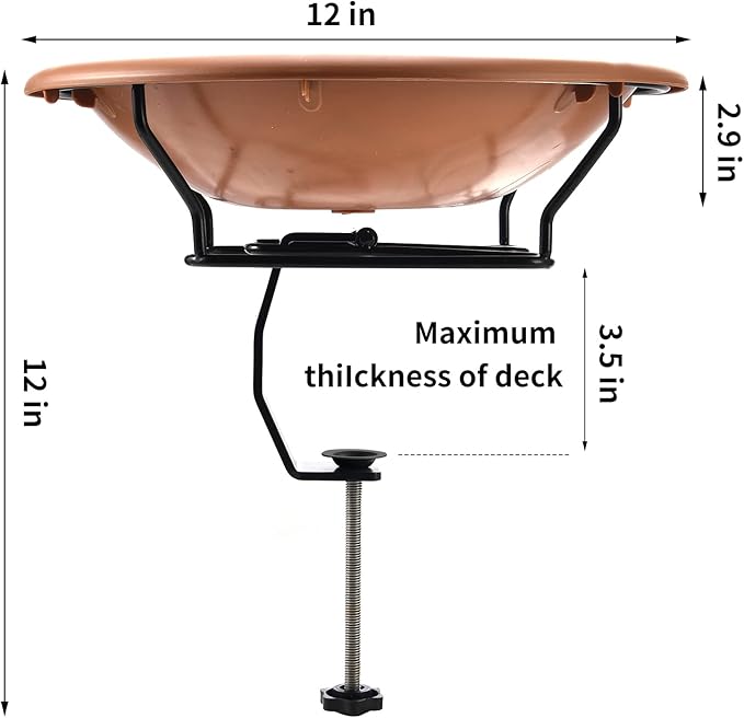 Bird Bath Deck Mounted 12 Inches, Deck Adjustable Steel Clamp 3.5 Inches, Balcony Railing Birdbaths Unheated(Brown)