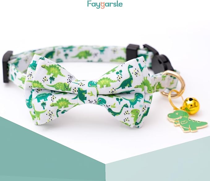 Faygarsle 2 Pack Cat Collar with Bell Breakaway Bowtie for Male Female Cats Soft Fancy Blue Green Dinosaurs Pattern Spring Summer Cat Collar for Boy Girl Cats