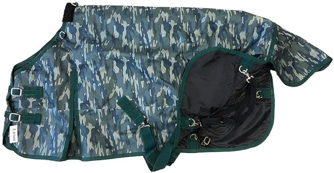AJ Tack 1200D Waterproof Winter Horse Blanket with Hood - 400g Heavyweight Turnout with Fleece Collar, Shoulder Gussets & Tail Flap - Camouflage 80"