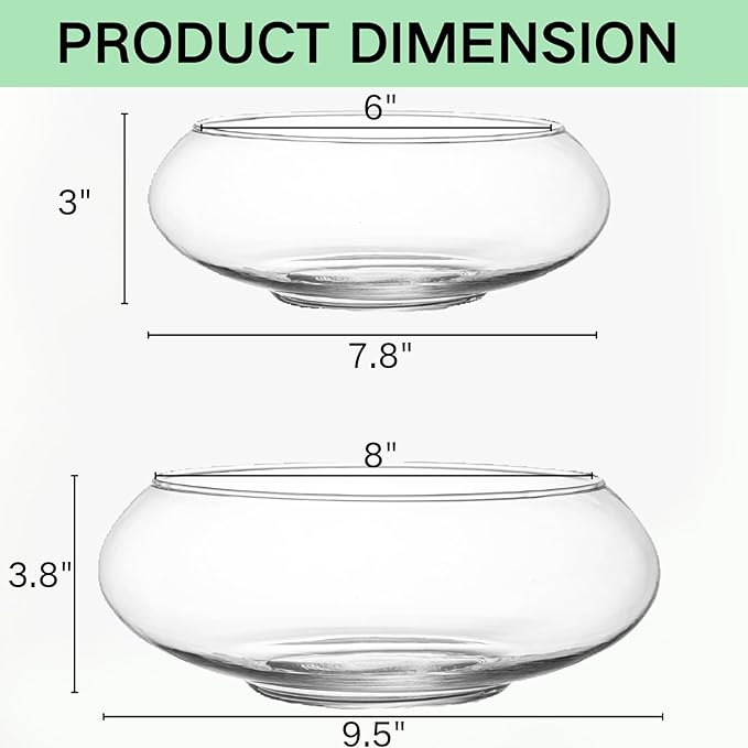 ZENFUN 2 Pack Glass Vase Bowl, 6"/ 8" Wide Mouth Flower Vase Round Terrarium, Glass Hydroponic Planter Floral Container Clear Fish Bowl for Table Centerpiece, Wedding Event, Home Decoration