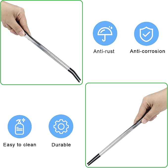 2Pcs Reptile Feeding Tong with Rubber Tip Aquarium Tweezers Stainless Steel Straight Curved Feeding Tong Long Handle Terrarium Feeder Tool for Tank Lizards Bearded Dragon Spider Snake (Silver, 15Inch)