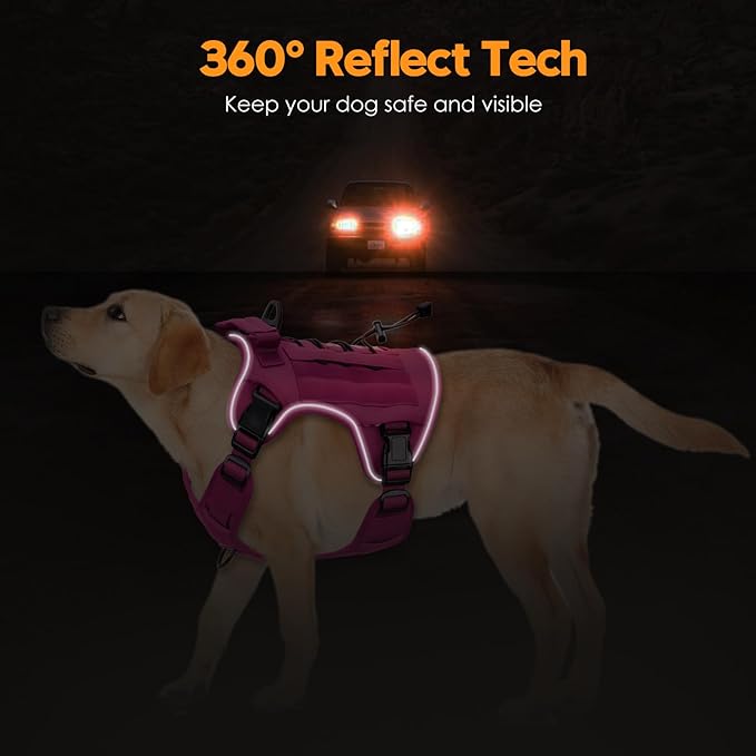 Heavy-Duty Tactical Dog Harness for Large Dogs, No Pull Adjustable Reflective Pet Vest with Molle System, K9 Military-Grade Control for Service Training, Outdoor & 10+ Breeds, Pink, XX-Large