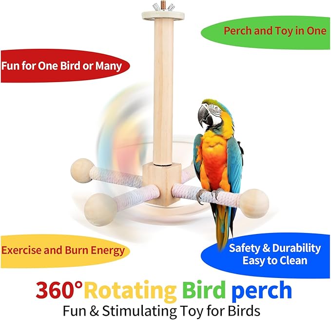 Bird Stand Perch Toy,Parrot 360° Interactive Rotating Toy,Bird Stand Perch Toy for Small Medium Birds,Wooden Stand for Parakeets Cockatiels Lovebirds Conures Finches Budgies
