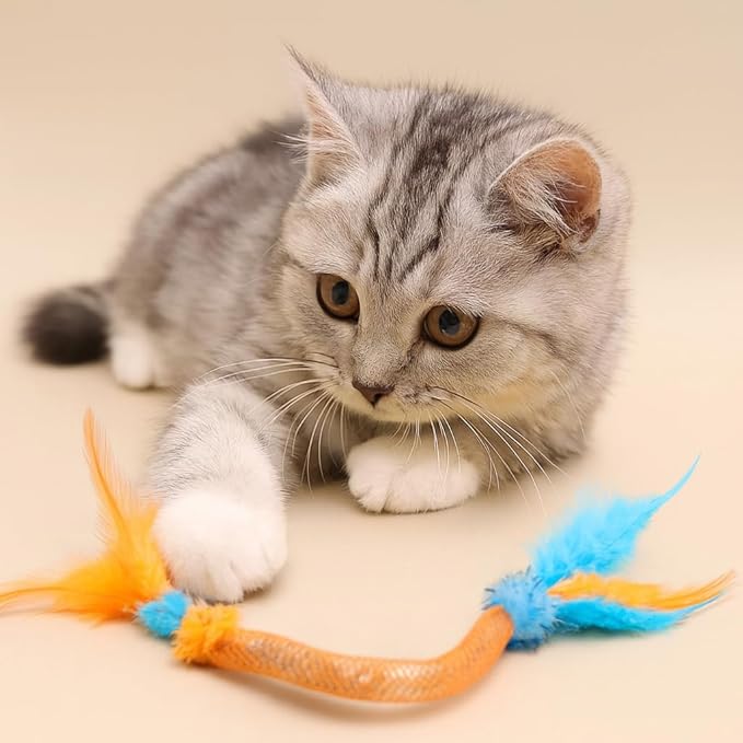 Cat Toys for Indoor Cats with Catnip – 3 Pack Feather Elastic Mesh Chew with Pom-Pom Cat Toys, 19.5 Inch Durable Kitten Teething Cat Toy Bundle with Bells