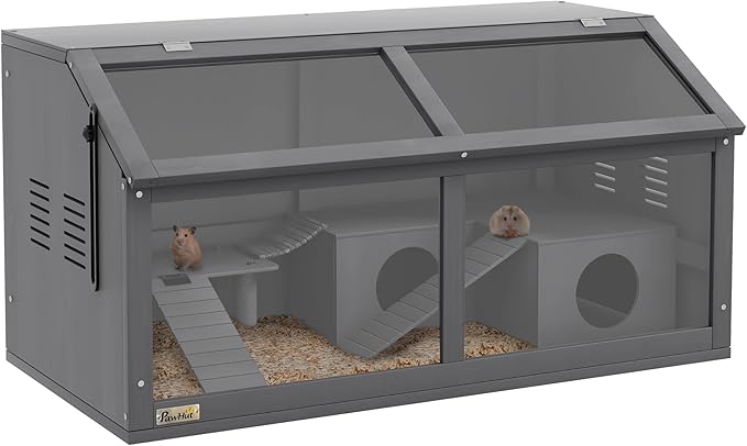 PawHut Wooden Hamster Cage, Hamster Habitat, Small Animal Cage Playhouse for Gerbils Mice with Suspension Bridge, Ladders, Openable Top, Hut, 33.5" x 18" x 17"