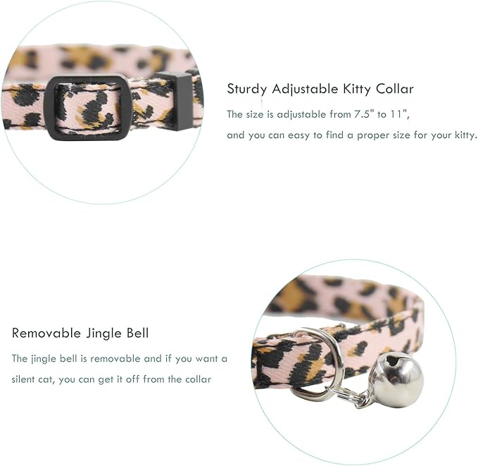 Breakaway Cat Collars with Bell, Set of 3, Durable & Safe Cute Kitten Collars Safety Adjustable Kitty Collar for Cat Puppy 7.5-11in (Leopard)