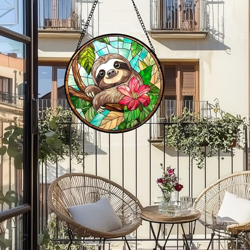 Stained Glass Window Hanging Sloth Flower Suncatcher Gifts for Women 7.8"