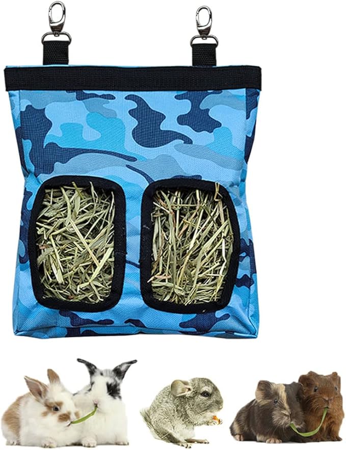 Guinea Pig Hay Feeder, Hanging Rabbit Hay Feeder Bag for Guinea Pigs Bunnies Chinchillas. Camoblue