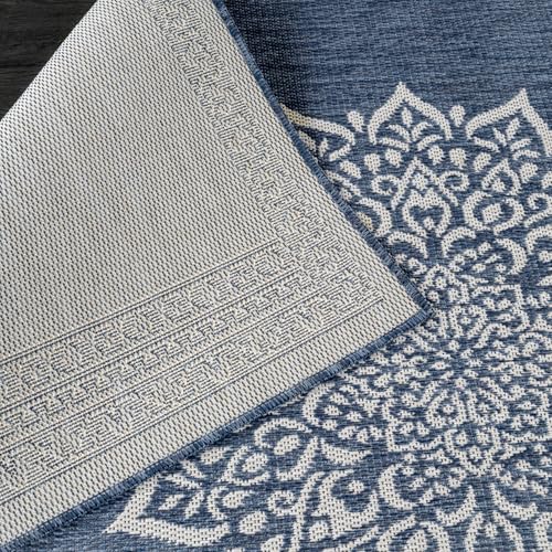Outdoor Rug 5x7 Medallion Blue Modern Area Rugs for Indoor and Outdoor Patios Kitchen and Hallway Mats Washable Porch Deck Outside Carpet (35 Sq Ft)