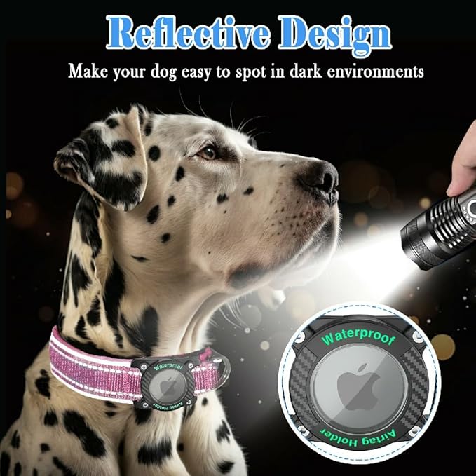 Upgraded AirTag Dog Collar, IP68 Waterproof Dog Collar with Apple Air Tag Holder, Reflective Adjustable Heavy Duty Dog Collars with Soft Padded for Small, Medium and Large Dogs,Pink, XL