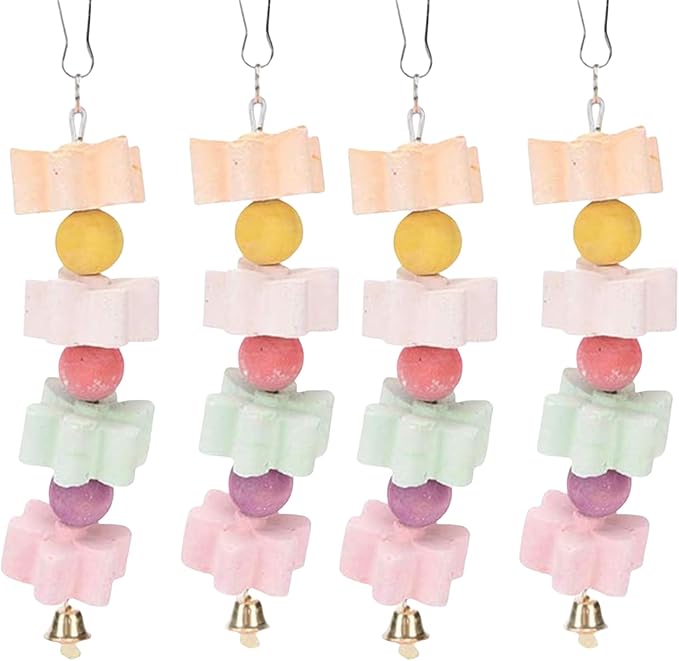 4Pieces Parrot Beak Trimmer Bird Beak Grinding Stone Teeth Lava Block Mineral Calcium Rock Chewing Toys with Bell for Parakeet Conure Budgies Rabbit Chinchilla Hamster