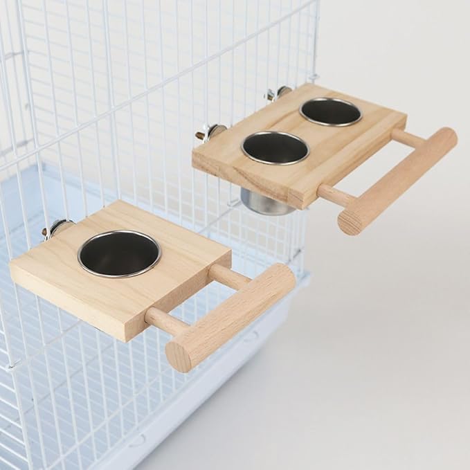 Bird Food Stainless Steel Cups Wooden Perch Stand Hanging Feeder Bowls Feeding and Watering Supplies for Parakeets Conures Cockatiels Budgie Parrot (L)