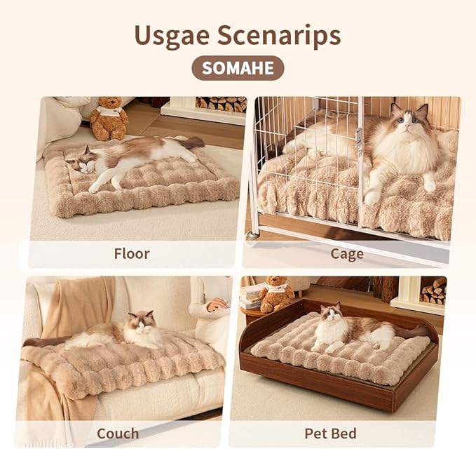 Dog Beds Mats Cat Bed Mat Plush Faux Fur Puppy Pad with Anti-Skid Bottom Cozy Kitten Bed for Carriers/Floor Dog Friendly 27 x 20 Inch Large Coffee