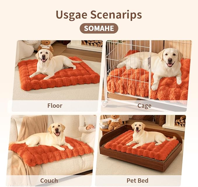 Self-Warming Dog Bed, Plush Faux Fur Mat with Anti-Slip Bottom, Ultra Soft Heated Pet Bed for Medium Large Dogs, Cozy Fluffy Pad for Carriers Couch Crate, Machine Washable, 35 x 27 Inch Orange