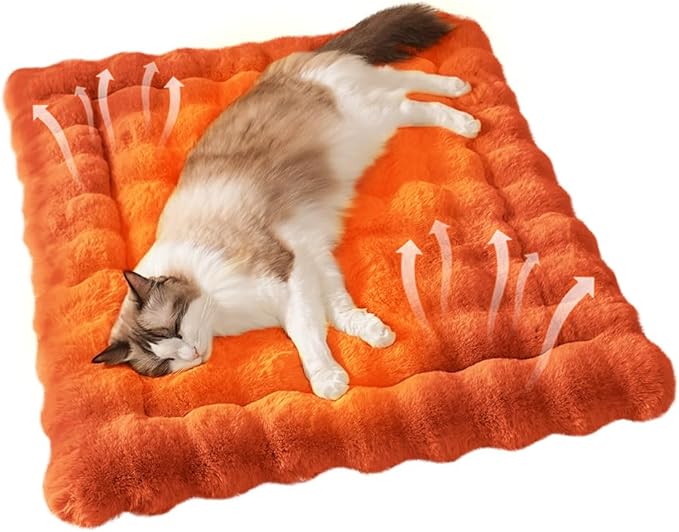 Self-Warming Cat Bed, Plush Faux Fur Pet Bed Mat with Anti-Slip Bottom, Ultra Soft Heated Pad for Cats & Kittens, Cozy Fluffy Bed for Window & Sills Couches, Machine Washable, 23x15 Inch Orange