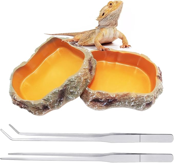 Reptile Bowl Set Includes Reptile Food Dish,Reptile Water Dish,Reptile Feeding Tongs,Long Tweezers for Terrarium,for Leopard Gecko,Frog,Bearded Dragon,Snake,Tortoise,Hermit Crab