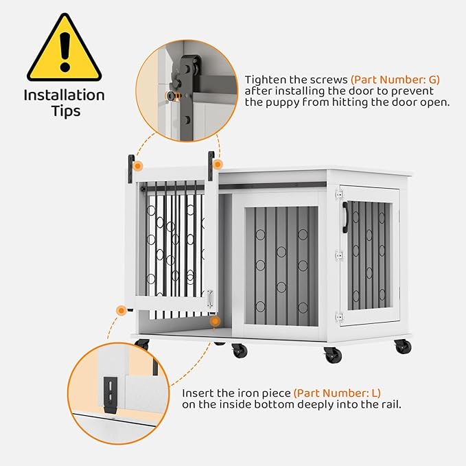 IchbinGo Large Dog Crate Furniture, 47" Wooden Dog Kennel with Sliding Barn Door, Flip-Top Lid & Wheels, Indoor Pet Crate Table with Detachable Divider for Small/Medium/Large Dogs (White)