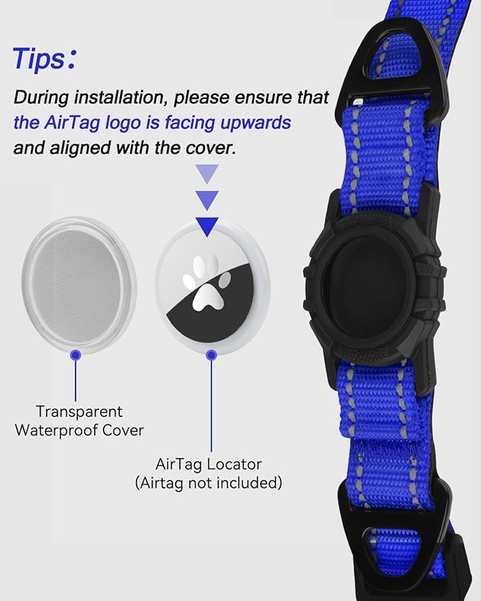 Joytale Airtag Dog Collar, Reflective Pet Collar with Waterproof AirTag Holder, Dual D-Rings, Soft Padded Adjustable for Medium Dogs, Navy Blue, M